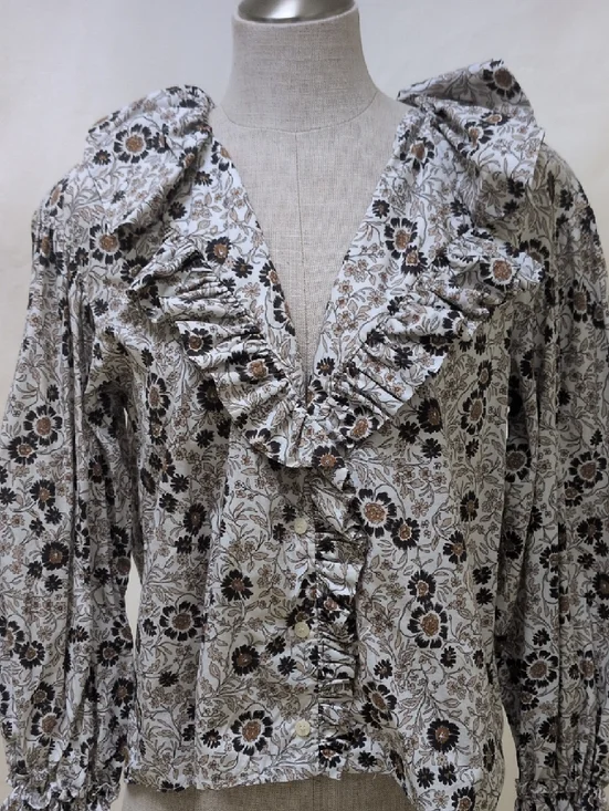 Zara Floral Ruffle Blouse in Cream & Brown - Picture 11 of 13